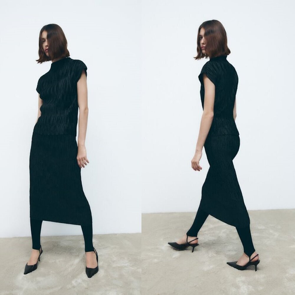 NWT New Zara Black Pleated Midi Skirt 4886/484 Size S